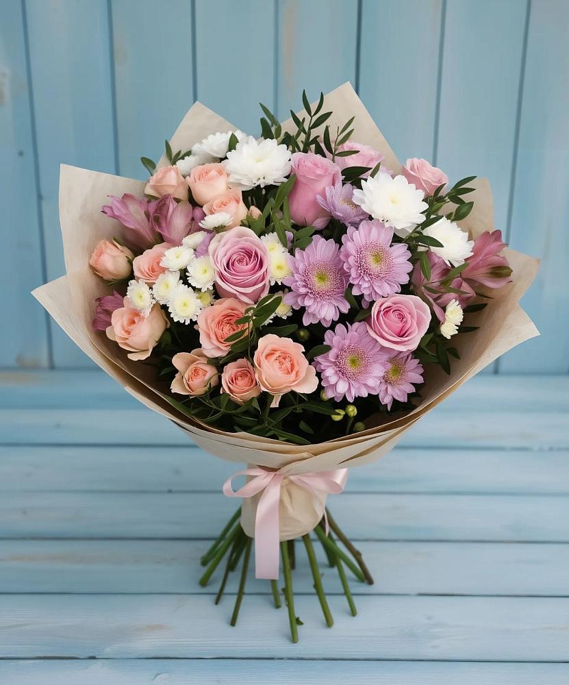 Букет цветов из: Хризантемы, Розы и Альстромерии в Енотаевке