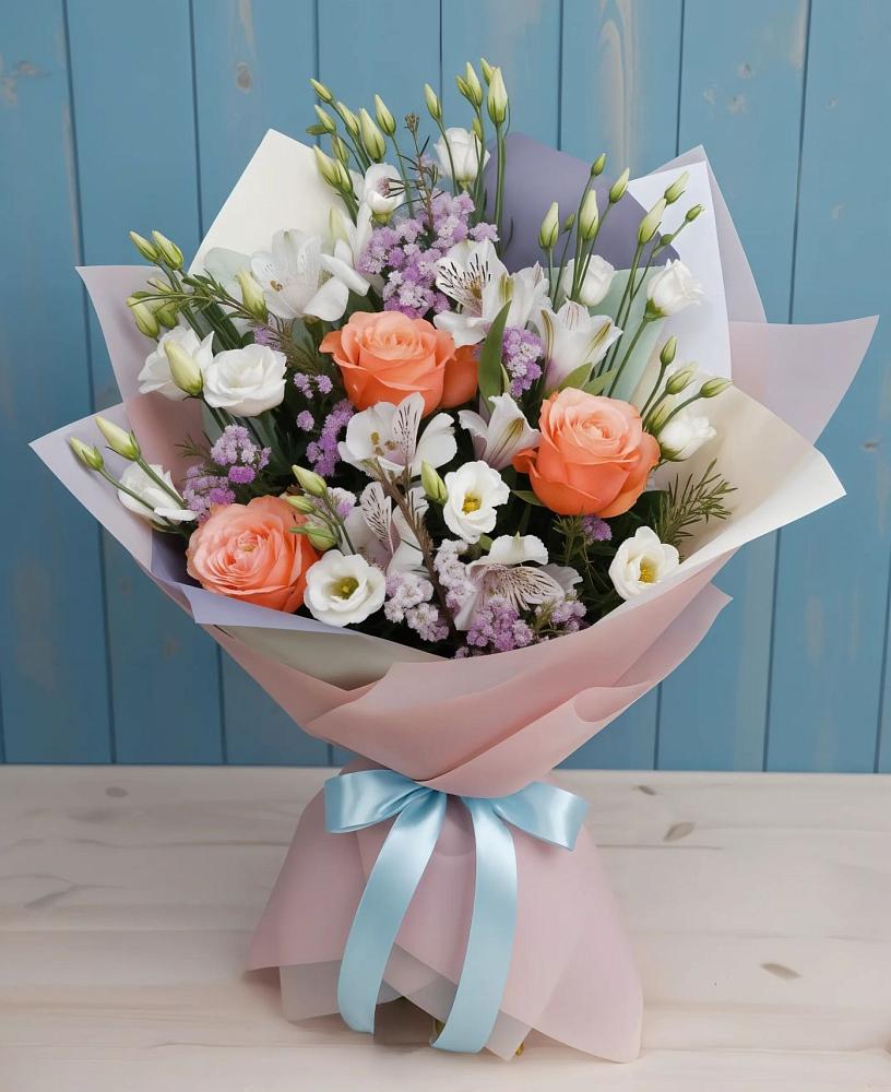 Букет цветов из: Лизиантусы, Розы, Альстромерии и Гипсофила в Енотаевке