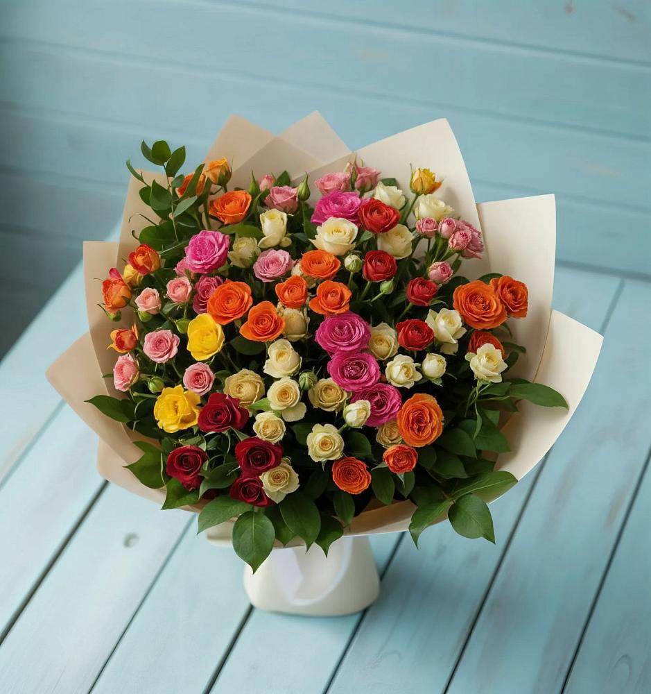 Букет Микс из разноцветных кустовых роз в Енотаевке