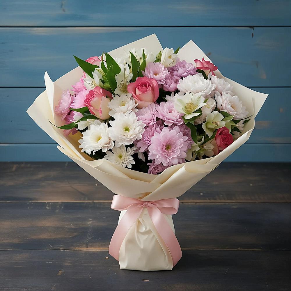 Букет цветов из: Хризантемы, Альстромерии и Розы в Енотаевке